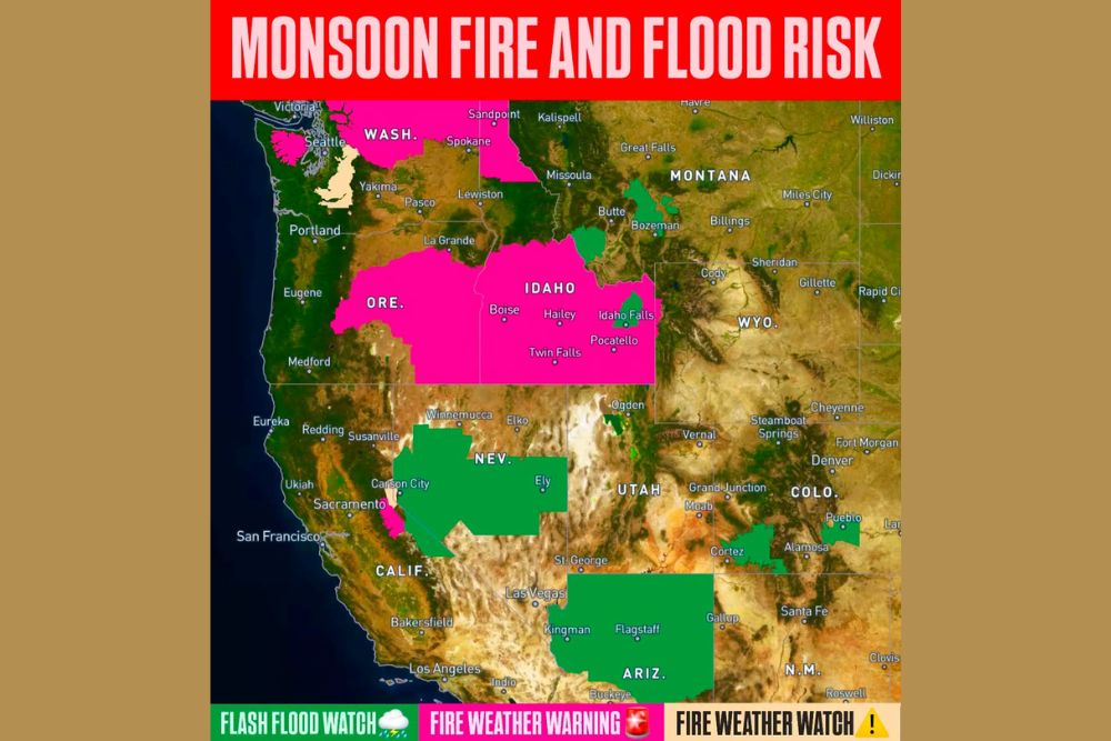 Active Monsoon Pattern Brings Flash Flood and Fire Weather Threats Across the West Thursday With Warnings Spanning Washington to Arizona