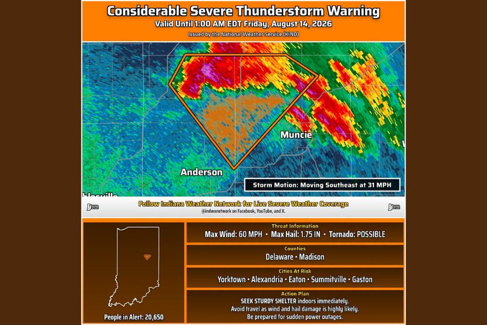 Considerable Severe Thunderstorm Warning Issued for Muncie and Anderson Until One AM With Sixty MPH Winds and Possible Tornado Threat