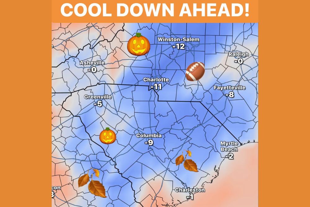 Cool Down Ahead Next Weekend Brings Temperatures Up to Twelve Degrees Below Normal to Charlotte, Winston-Salem, and Columbia After Near One Hundred Degree Heat