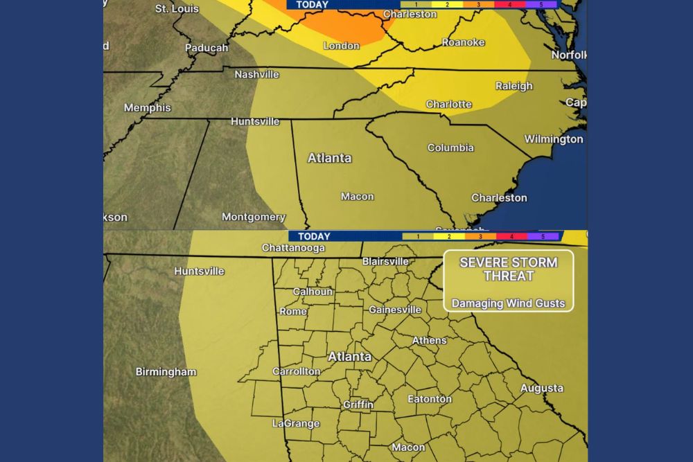 Damaging Wind Gusts Threaten Atlanta and North Georgia This Afternoon and Evening as More Organized Severe Weather Stays North of Region