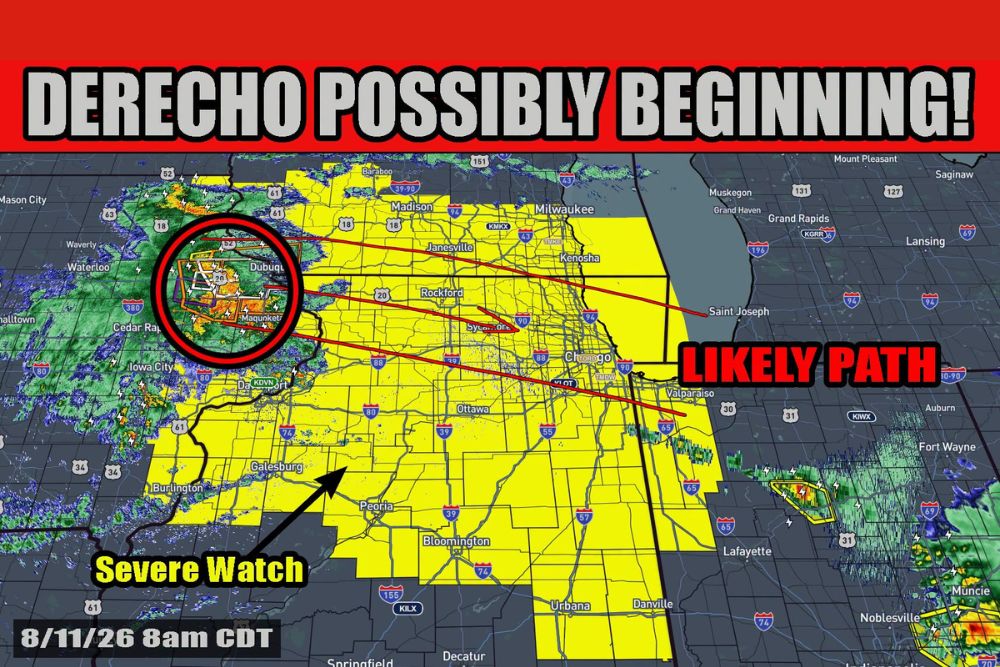 Derecho Possibly Beginning With Eighty MPH Gusts Reported in Iowa as Powerful Bow Echo Tracks Toward Chicago and Northern Illinois This Morning