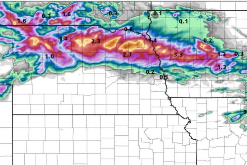 HiRes Model Points to Four Inch Plus Rain Totals Over Northeast Nebraska Wednesday Night With Isolated Amounts Reaching Up to Seven and a Half Inches