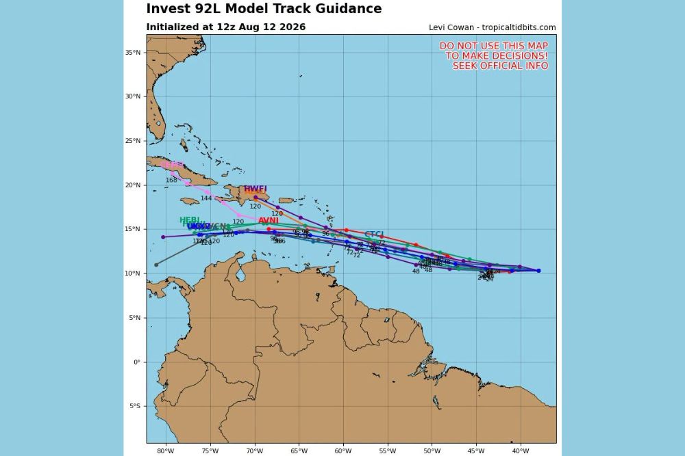 Invest 92L Spaghetti Models Show General Westward Track Through Caribbean With Strong Wind Shear Threatening System While Trailing Wave Looks Healthy