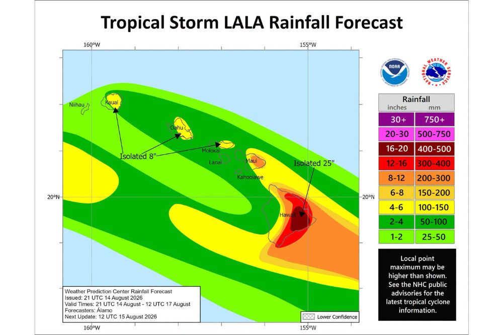 Life Threatening Flooding Threatens Hawaii as Tropical Storm Lala Nears Hurricane Strength With Isolated Rainfall Totals Reaching Twenty Five Inches