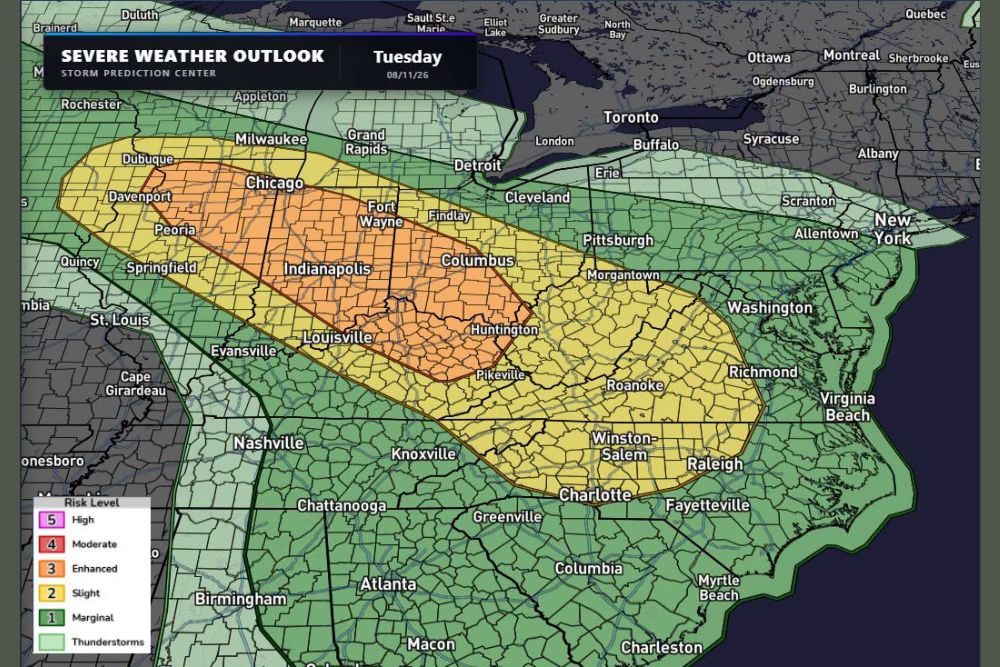 Ring of Fire Pattern Fuels Storm Complexes Riding Toward Carolinas Tuesday With Enhanced Risk Stretching From Chicago Through Indianapolis to Roanoke