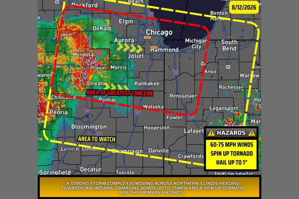 Severe Storm Complex Barrels Across Northern Illinois Toward South Bend With Damaging Winds Up to Seventy-Five MPH and Spin Up Tornado Risk