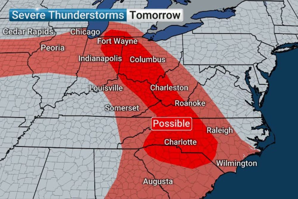 Severe Storms Fire Again Saturday From Fort Wayne to Charlotte as Mesoscale Convective Vortex Travels Toward Appalachians With High Wind Risk