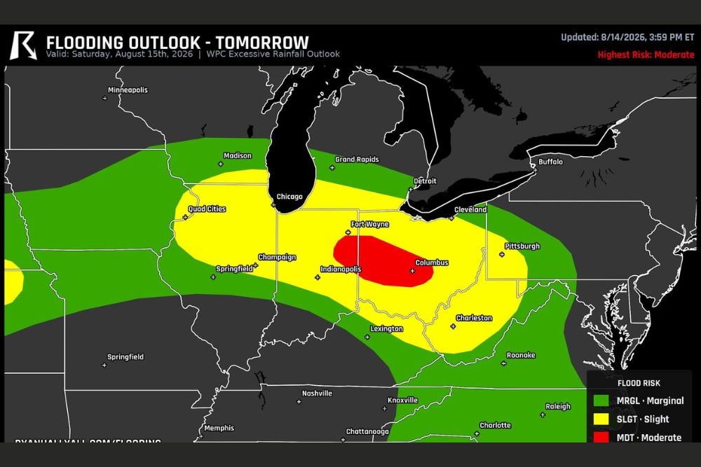 WPC Upgrades Ohio and Indiana to Moderate Flood Risk Saturday Covering Columbus, Dayton, and Muncie With Repeating Storms Threatening Fast Flooding