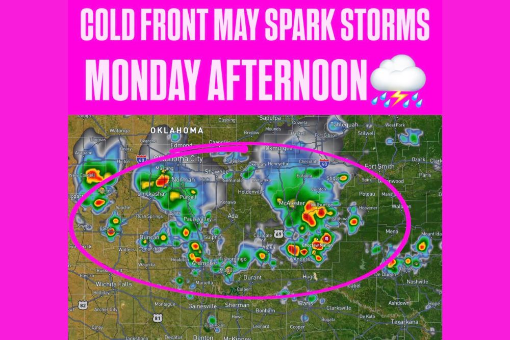 Weak Cold Front Sparks Isolated Storms Sunday Across Central Oklahoma Before Pushing South to Red River Monday Afternoon