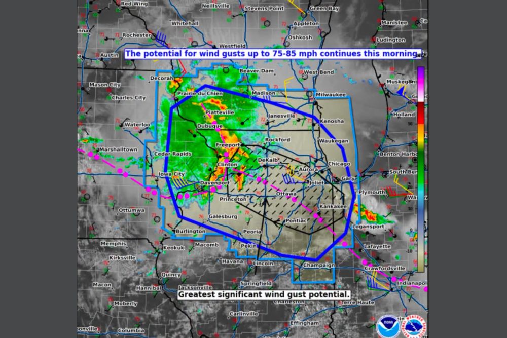 Wind Gusts Up to Eighty-Five MPH Threaten Northwest Illinois as SPC Mesoscale Discussion Tracks Storm Complex Southwest of Chicago Toward Kankakee